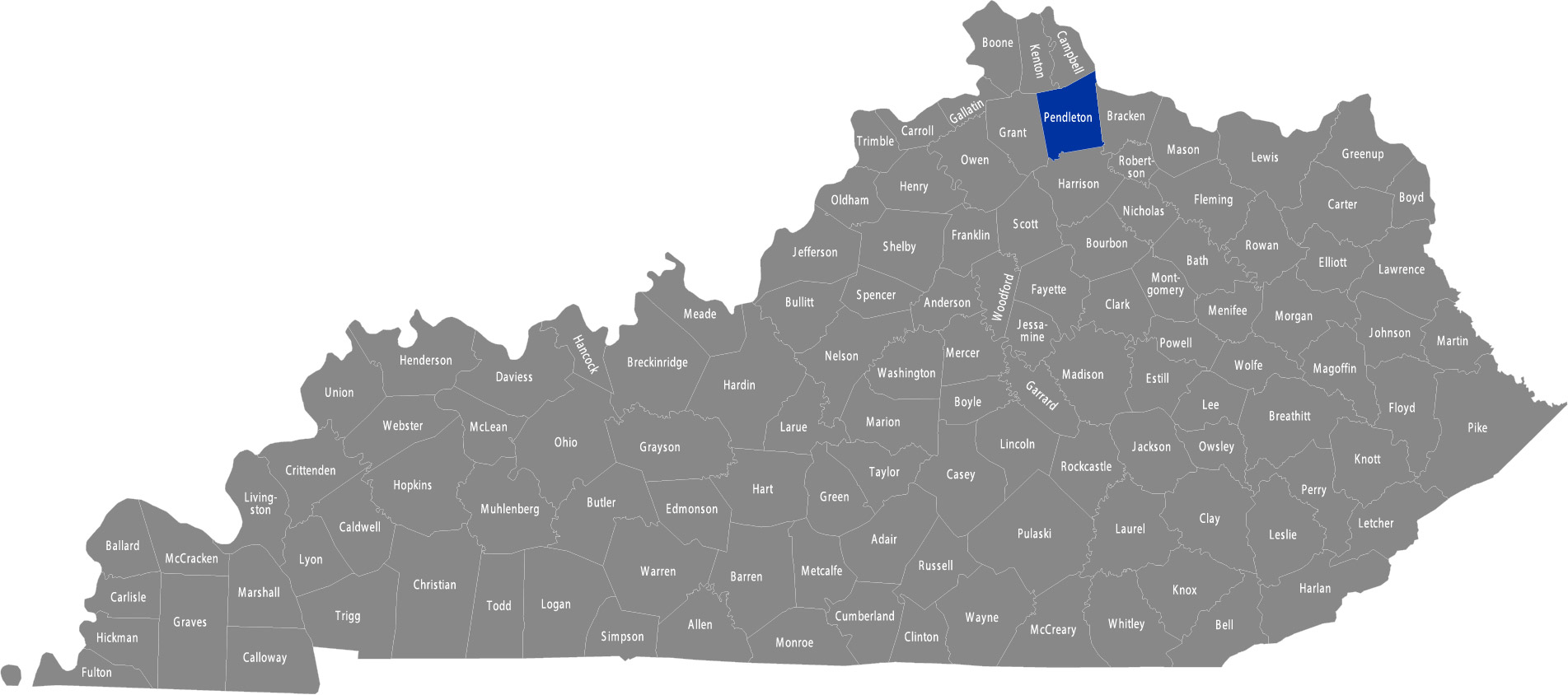 State of Kentucky map with Pendleton County highlighted