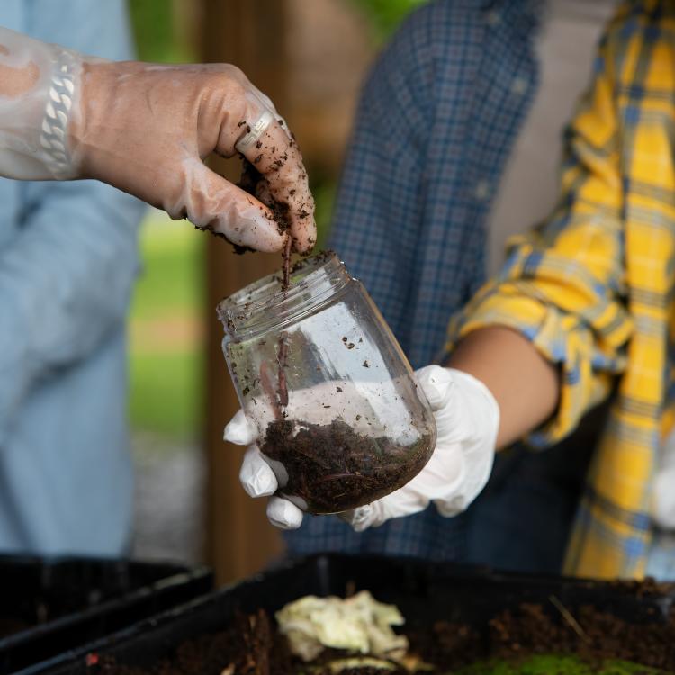  gloved hands testing soil in a glass jar, teaching