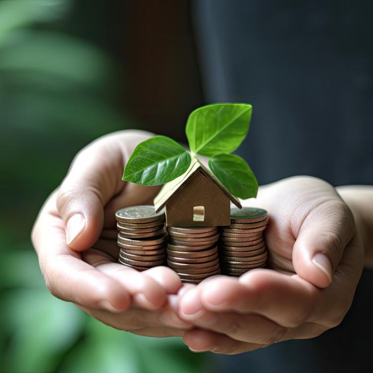  Open hands holding stacks of coins with tiny barn on top and plant growing from barn