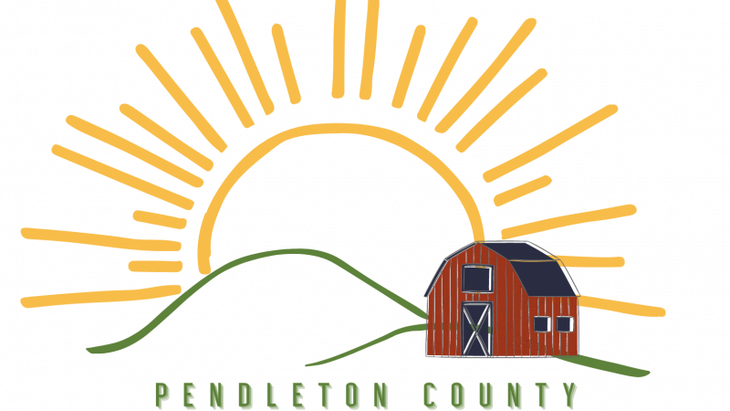Pendleton County Farm tour logo with yellow sun, red barn, and green rolling hills.